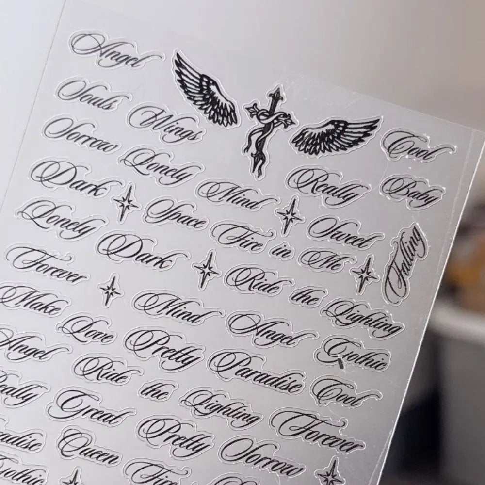 Y2K Wing & Letter Nail Art Stickers – Black & White Decals