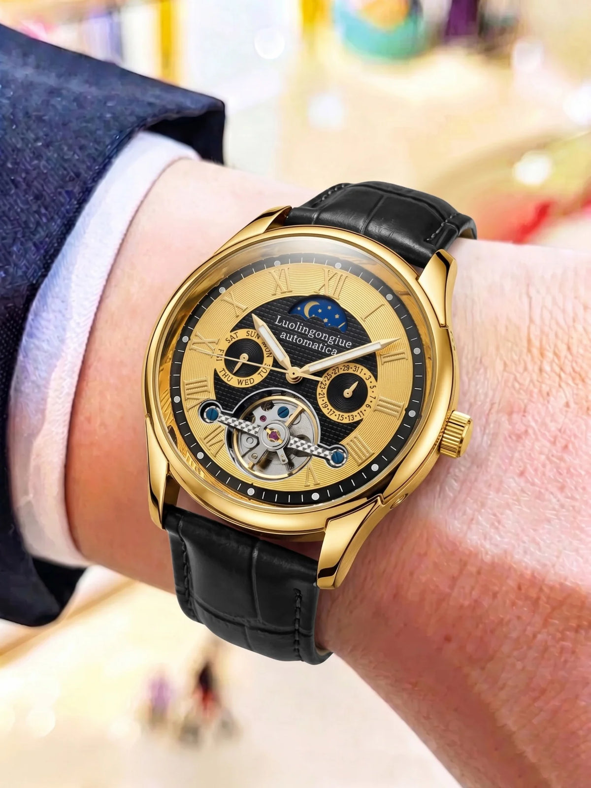 Skeleton Automatic Men's Watch – Moon Phase & Roman Numeral