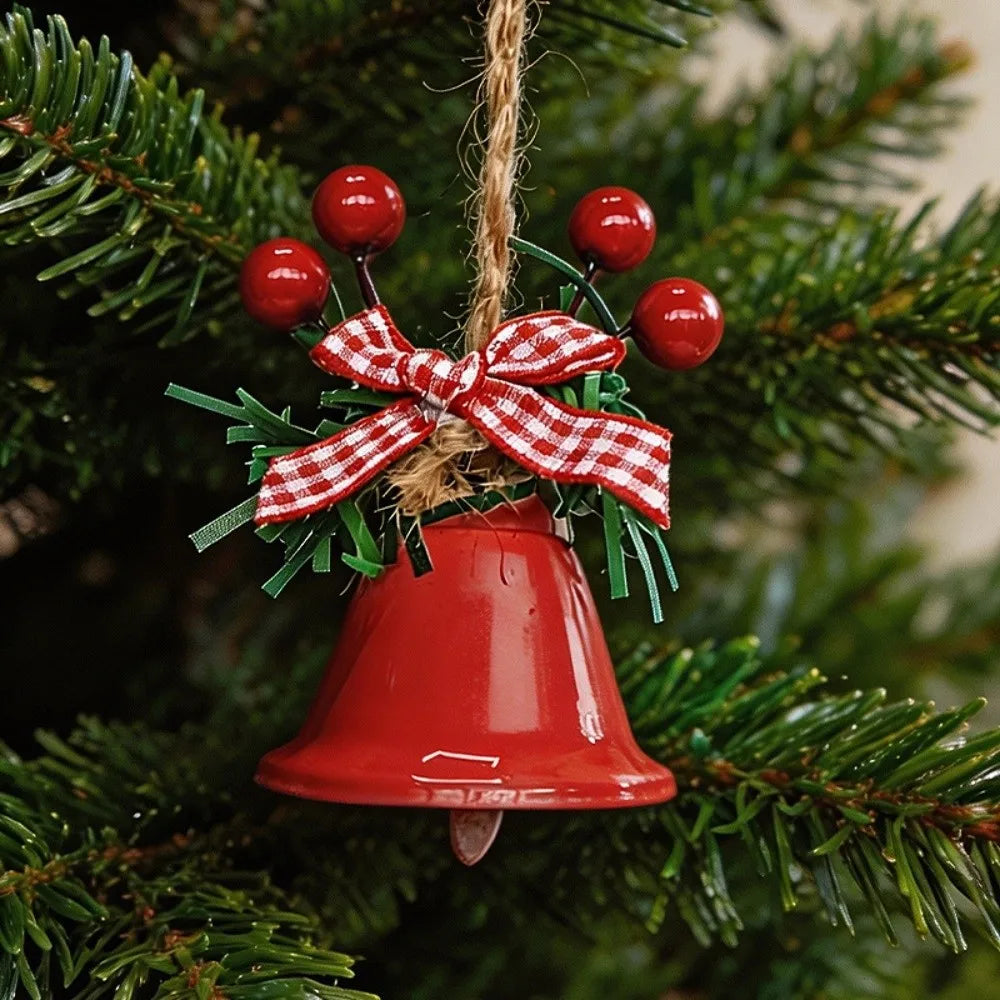 Metal Christmas Bell Ornament – Red Berries & Plaid Bow