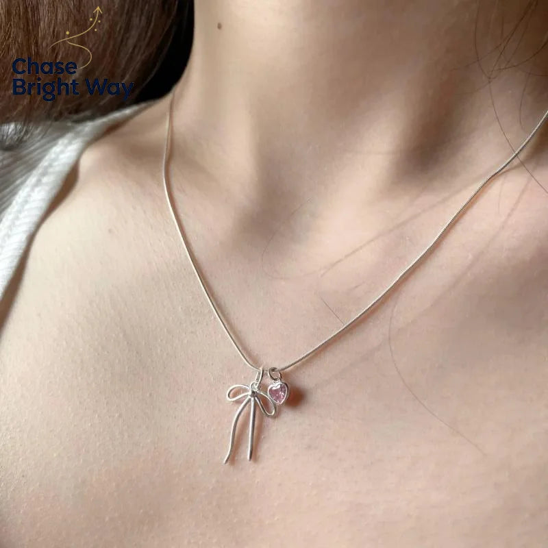 Pink Zircon Bow Pendant Necklace – Adjustable Chain for Women