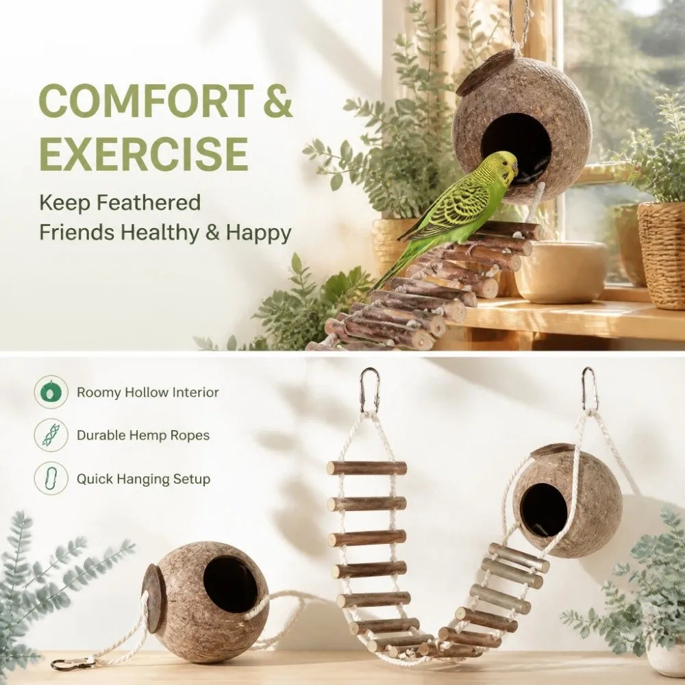 Coconut Shell Hanging Bird Hut with Rope Ladder | Parrot House