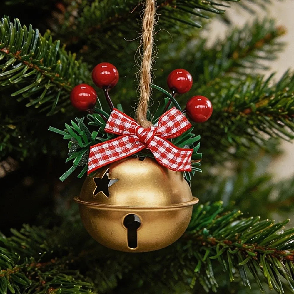 Metal Christmas Bell Ornament – Red Berries & Plaid Bow