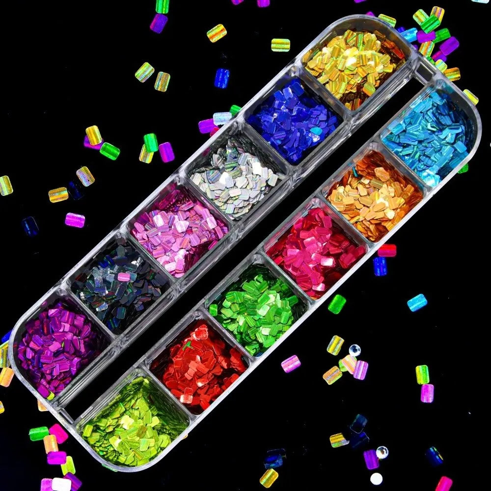 12-Grid Holographic Nail Art Sequins – Laser Glitter Flakes