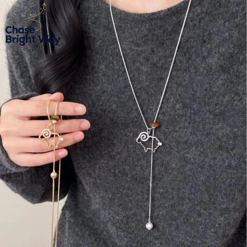 Women's Lamb Lariat Necklace – Tiger's Eye & CZ Pendant