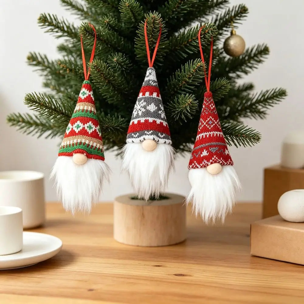 Nordic Knitted Christmas Gnome Ornaments – Red & Grey 3-Pack