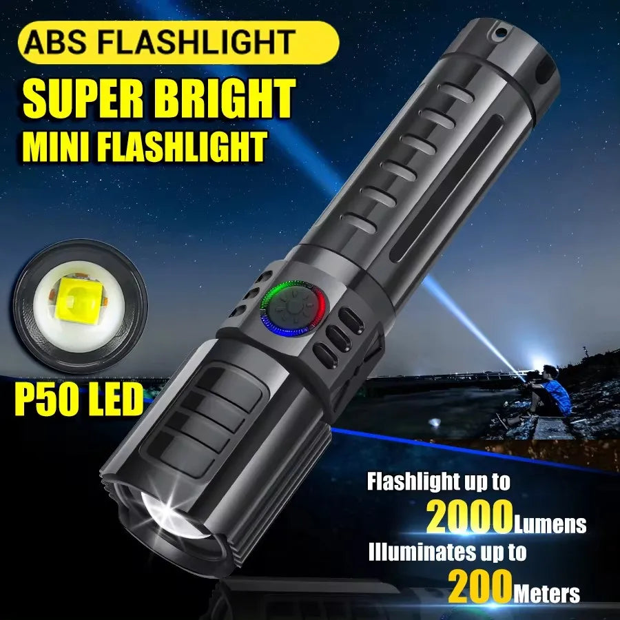 XHP50 LED Flashlight 2000LM Zoomable USB-C Rechargeable Torch