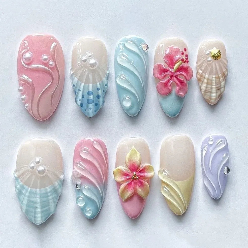 24-Pack French Almond Press On Nails – Pink Flower Full Cover