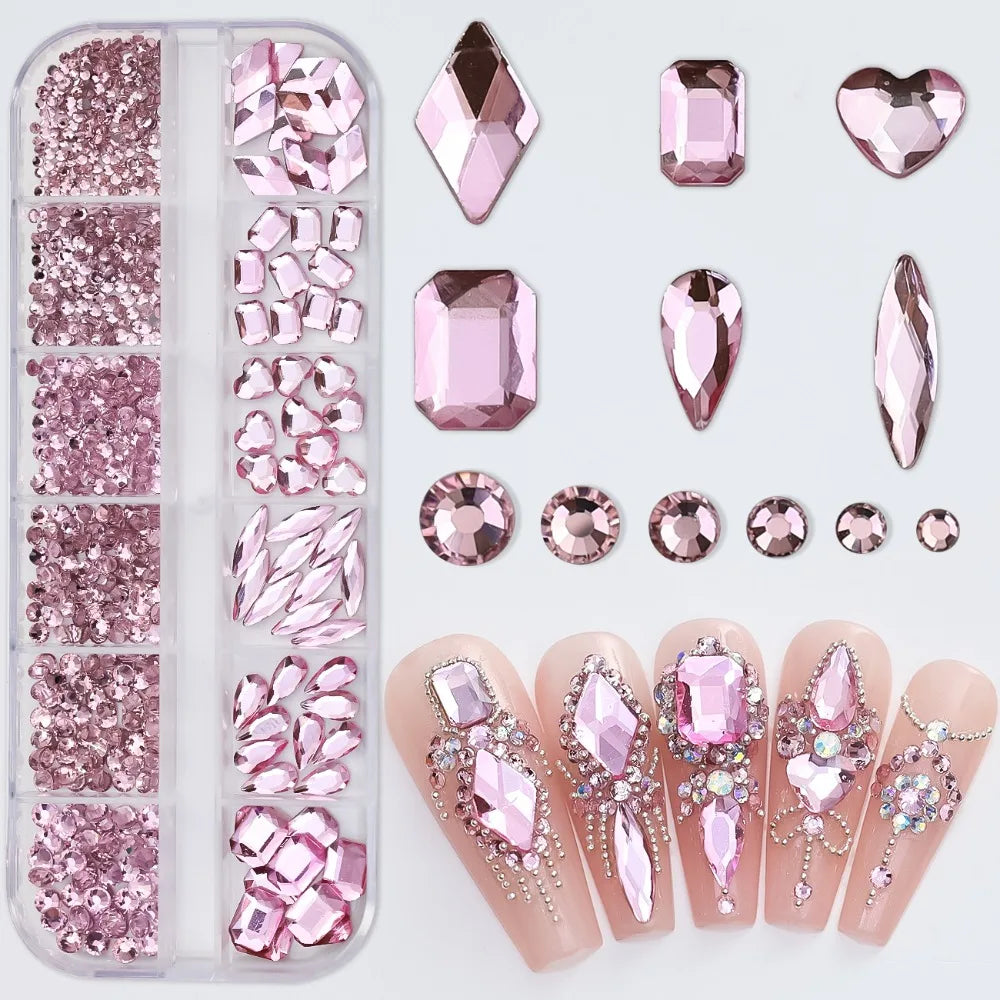 12-Grid 3D Nail Art Rhinestones – Mixed Flatback Gems & Charms