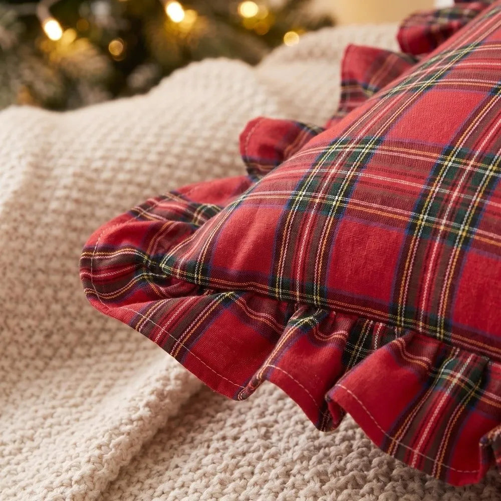 Tartan Plaid Throw Pillow Cover 18x18 Burnt Orange Ruffle Trim