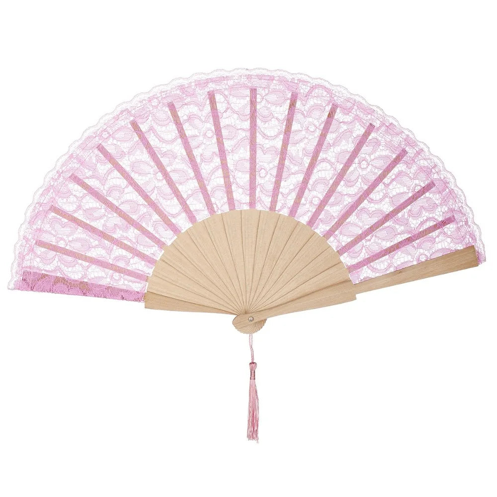 Vintage Chinese Lace Folding Fan – Flower Tassel Wood Hand Fan