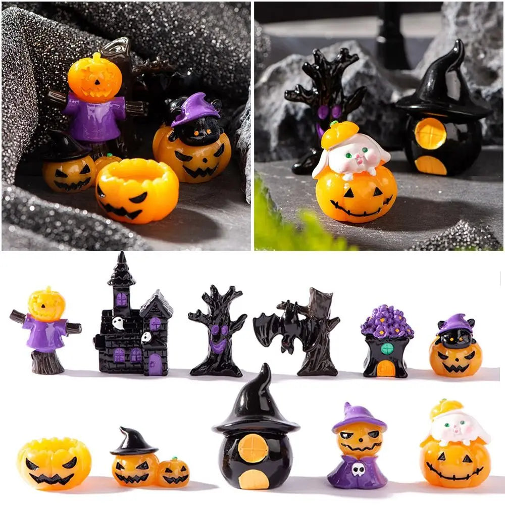 Mini Halloween Resin Figurines – Skull Pumpkin Castle Ornaments