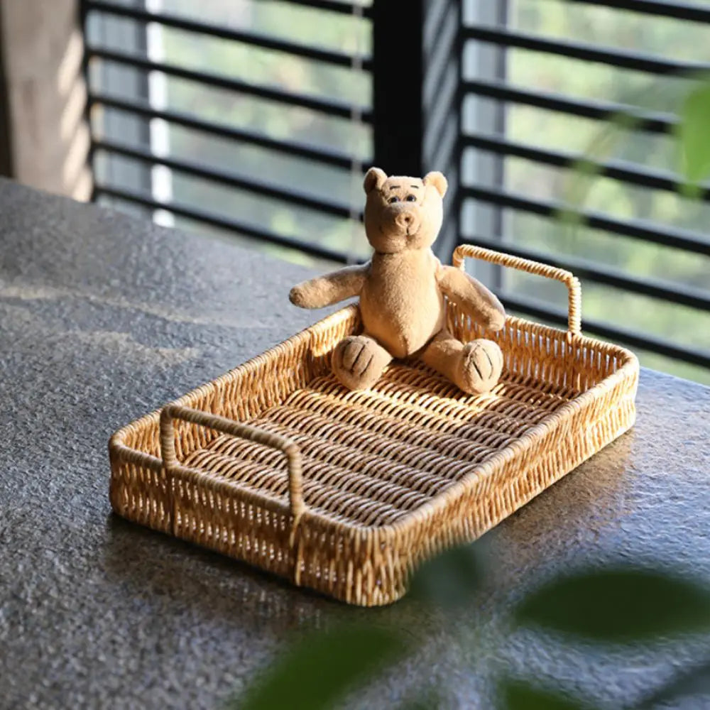 Wicker-Woven Plastic Serving Tray with Handles – M & L Sizes