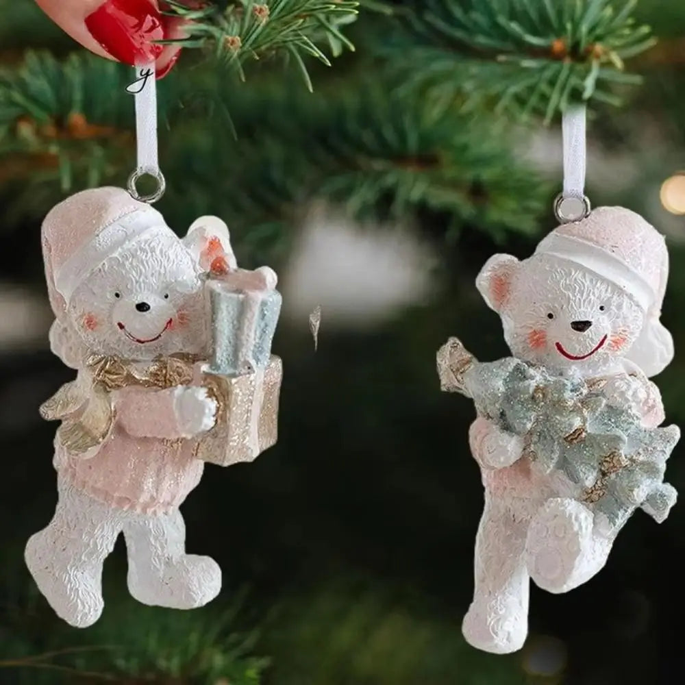 Resin Bear Christmas Ornaments – Pink Couple Set of 2