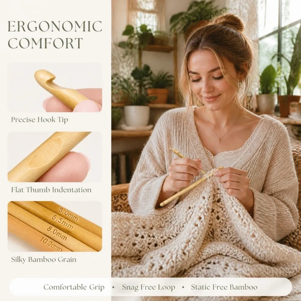 12-Piece Bamboo Crochet Hook Set – 3mm to 10mm Knitting Needles