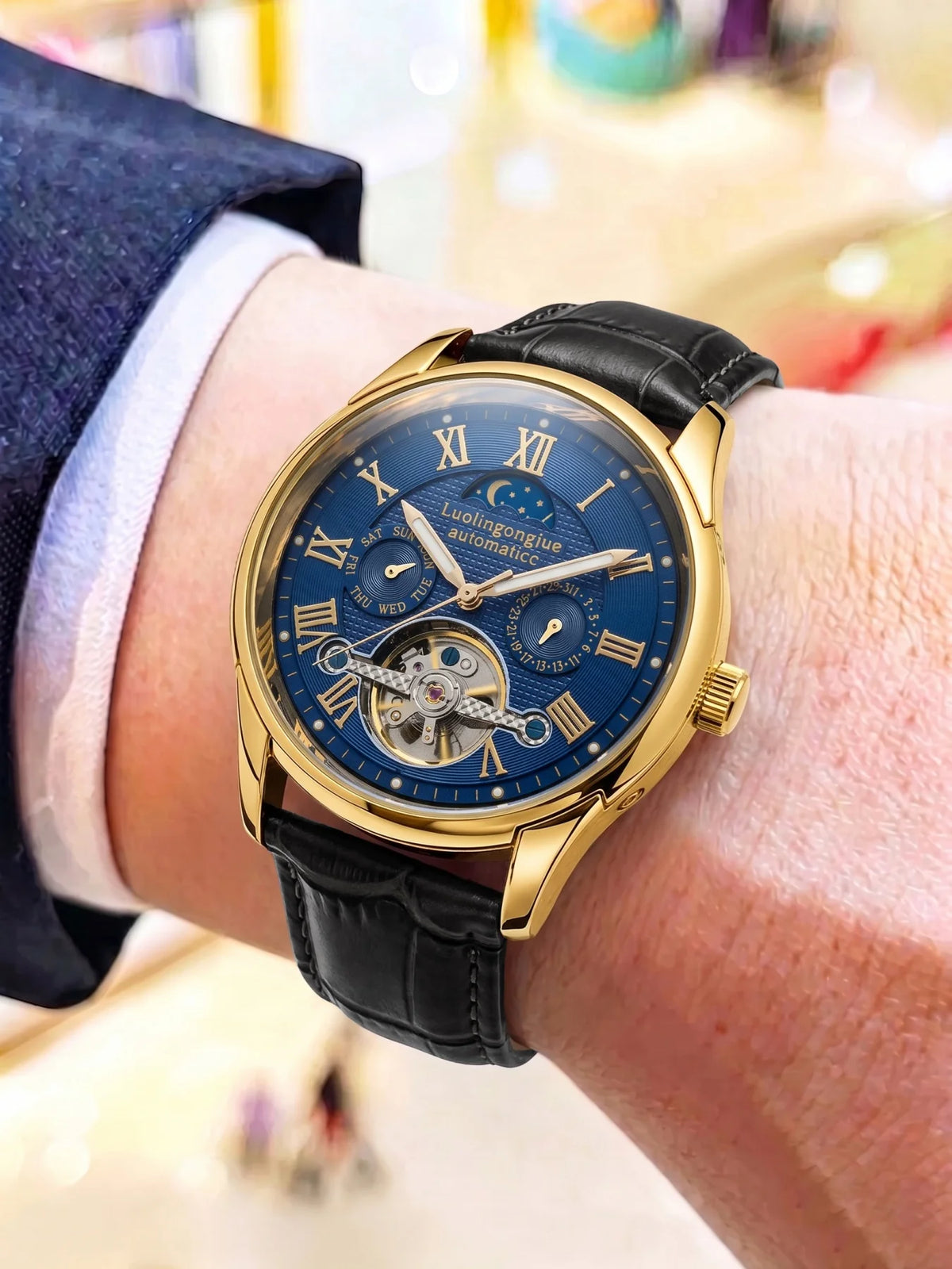 Skeleton Automatic Men's Watch – Moon Phase & Roman Numeral