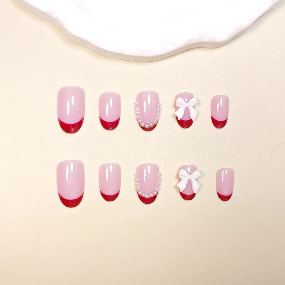 Almond Press-On Nails with Bow Charms | Glossy Full Cover Set