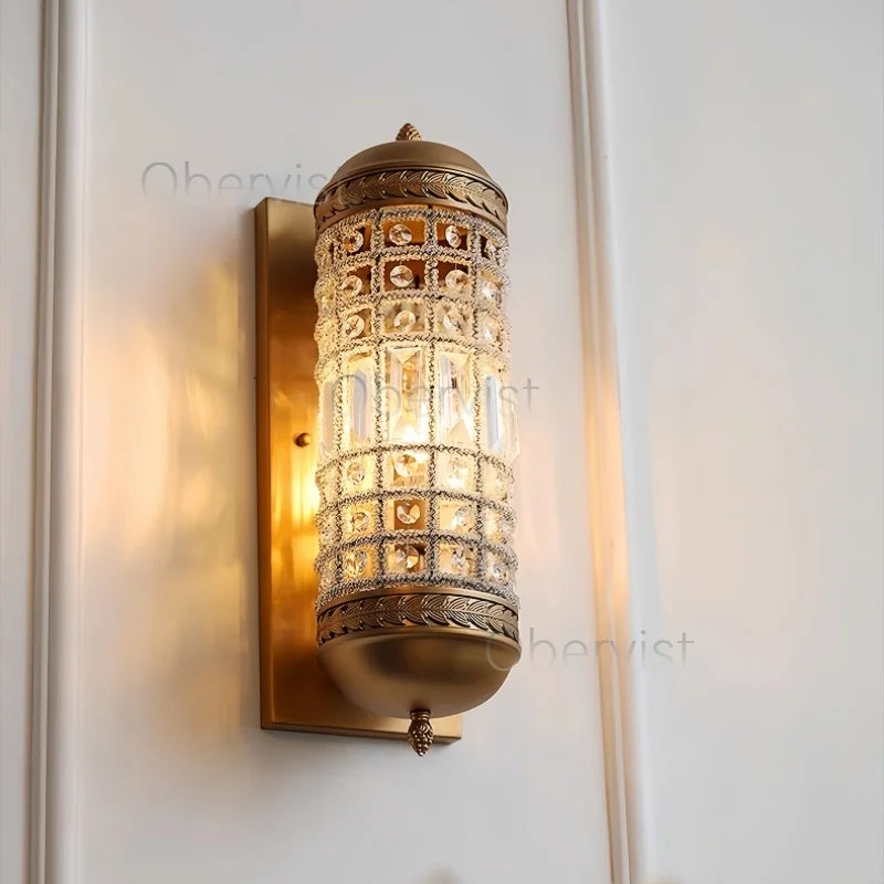 Vintage Crystal LED Wall Sconce | Gold Cylindrical Wall Lamp