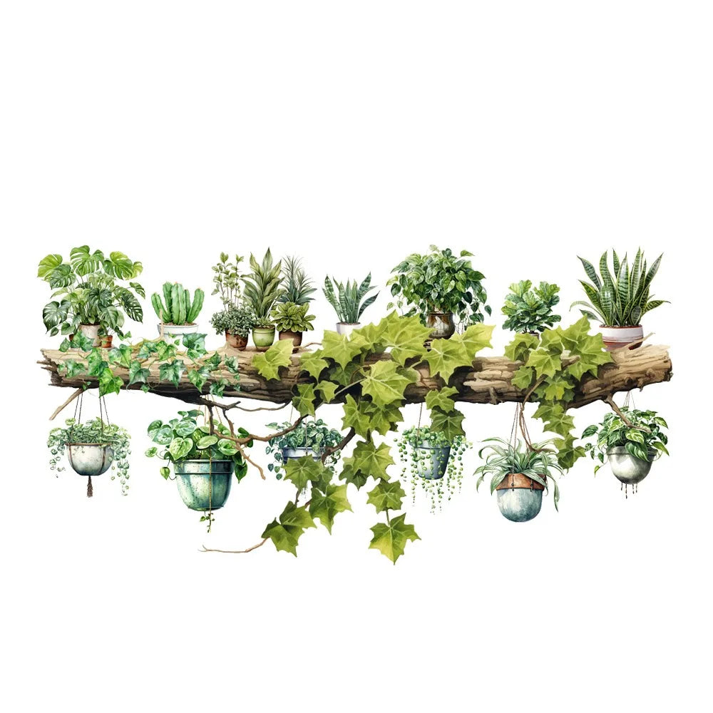 Green Vine Leaf Wall Sticker – Botanical PVC Decal | Hanging Basket