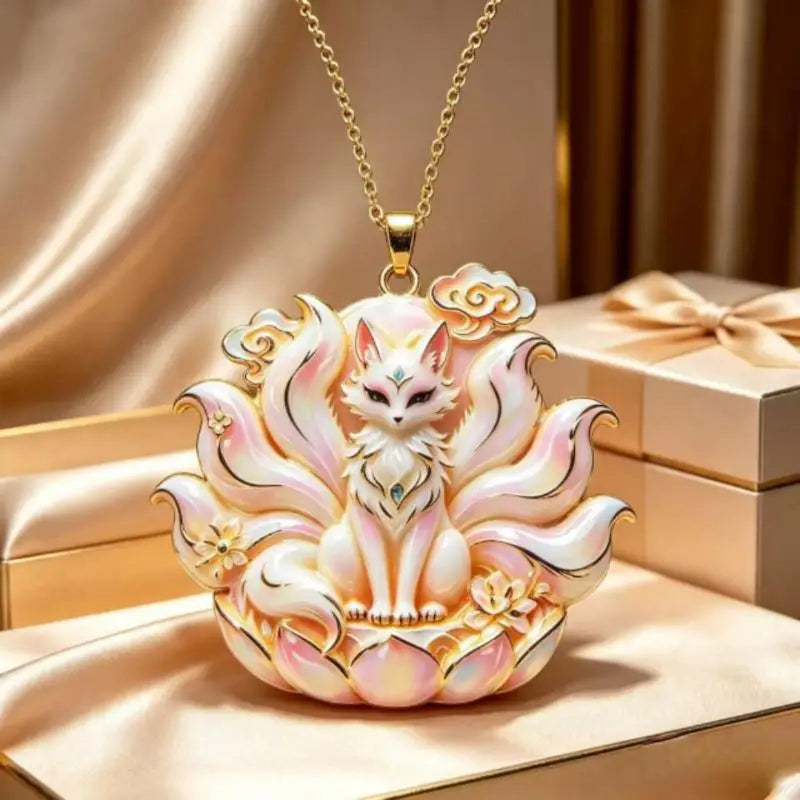 Nine Tailed Fox Enamel Pendant Necklace | Chinese Mythology