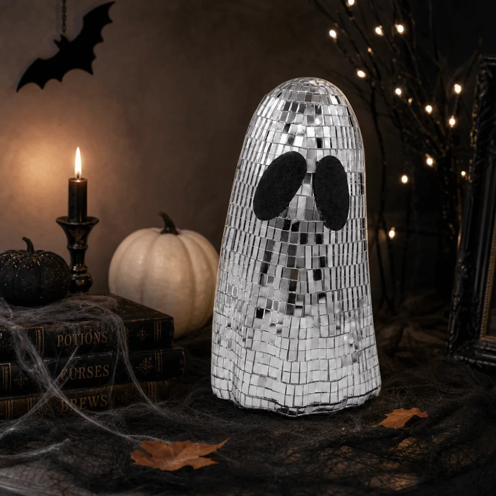 Silver Mirror Ghost Disco Ball Ornament | Halloween Décor