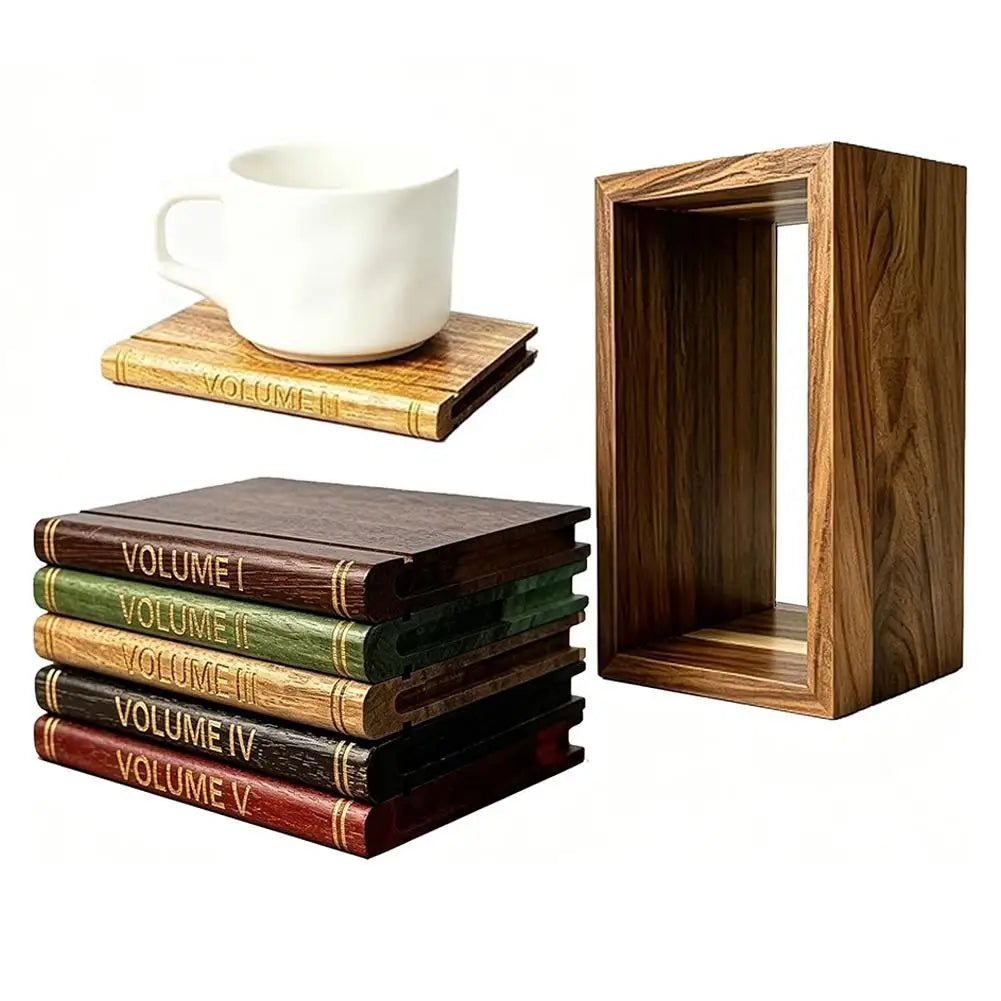Wooden Book Coaster Set – 5 Acacia Drink Mats with Holder