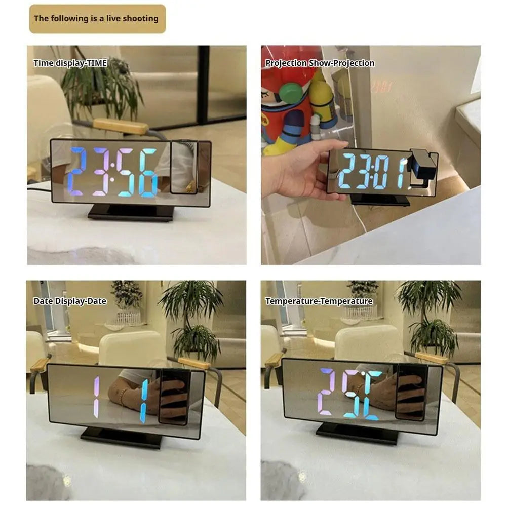 Projection Alarm Clock – LED Mirror Display, Temp & USB Power