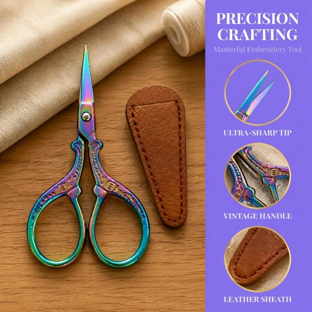 Stainless Steel Embroidery Scissors with PU Leather Cover 3.6"