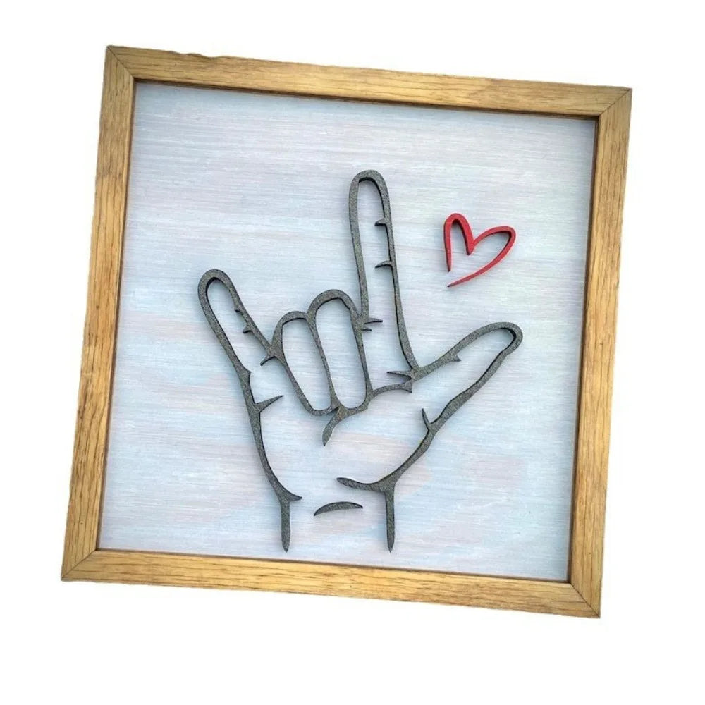 Rustic "I Love You" Sign Language Wooden Wall Frame – 25cm