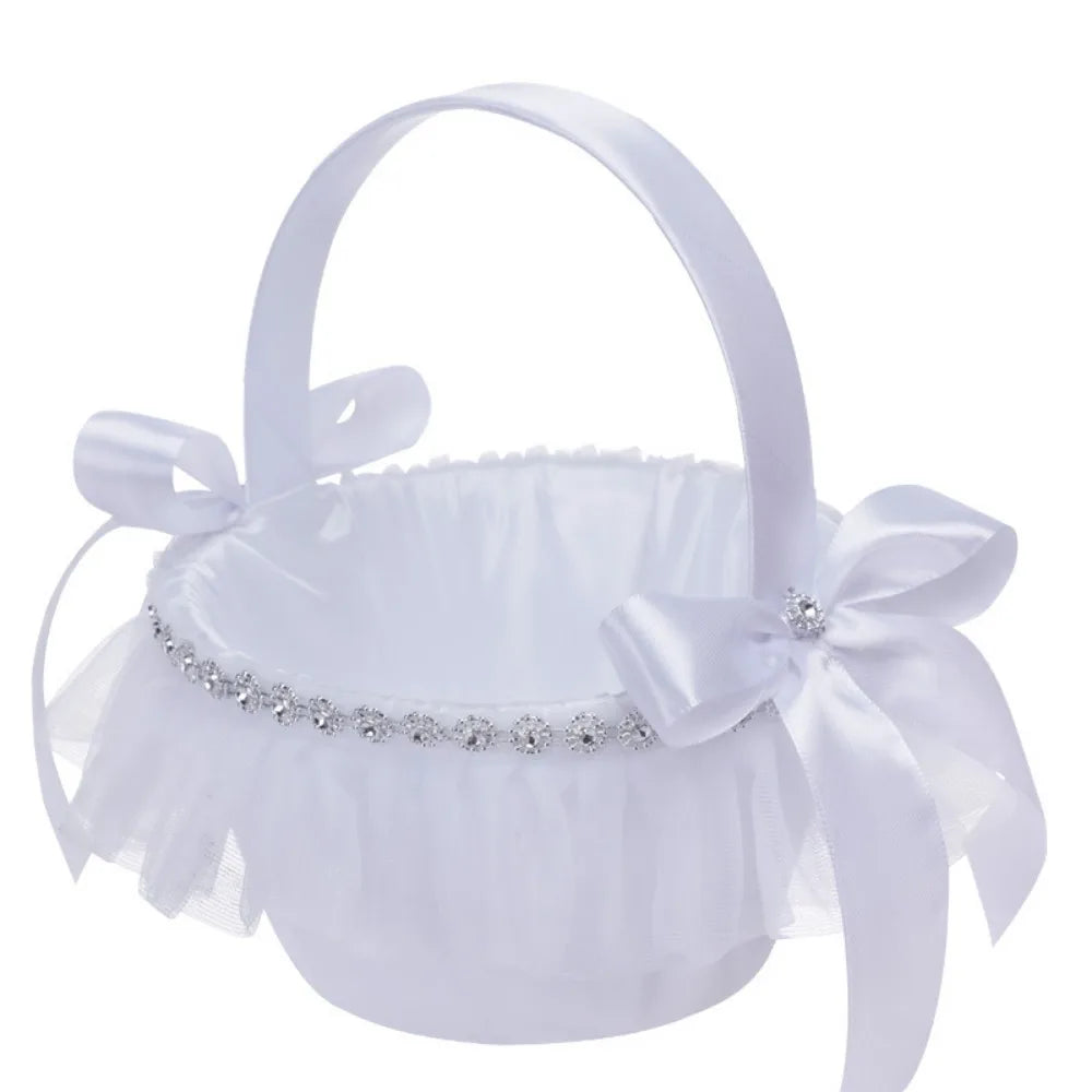 White Satin Flower Girl Basket – 4 Styles | Pearl & Lace