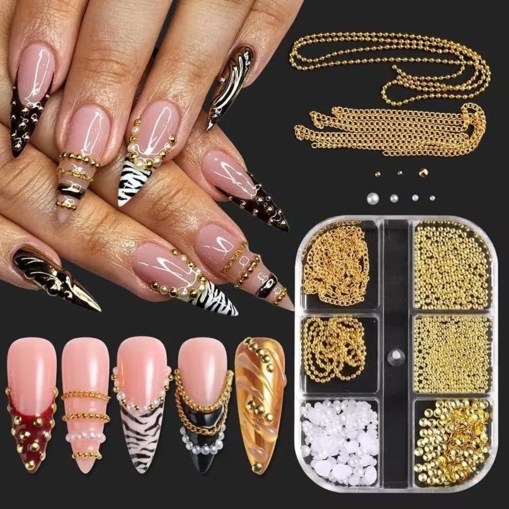 12-Grid 3D Nail Art Studs – Metal Beads, Pearl & Charms Set