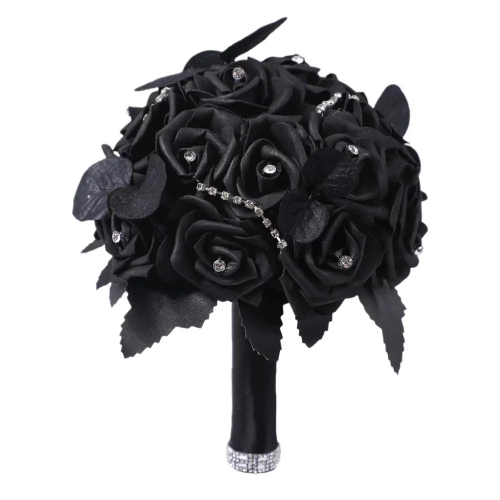 Gothic Black Burgundy Bridal Bouquet – Silk Rose Wedding Flowers