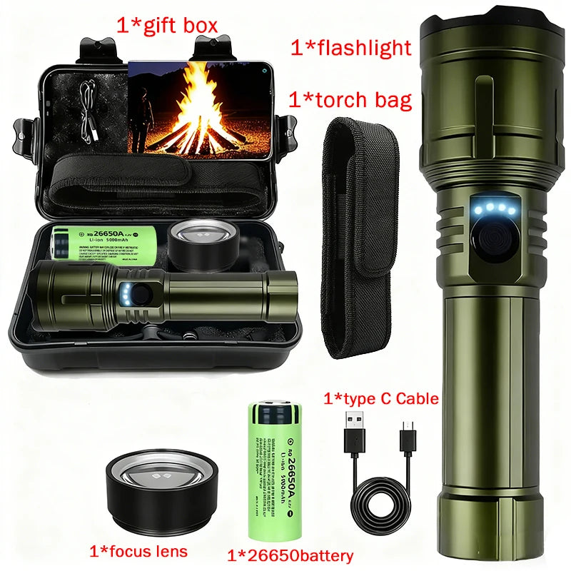 Tactical Zoomable LED Flashlight 1200LM IPX7 Type-C Rechargeable