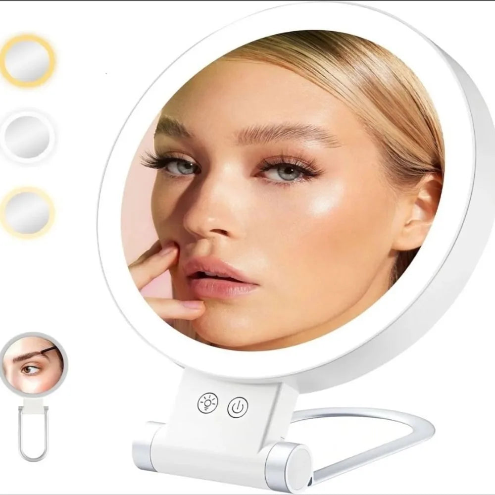LED Magnifying Makeup Mirror 10X/20X – 3 Color Modes, Foldable