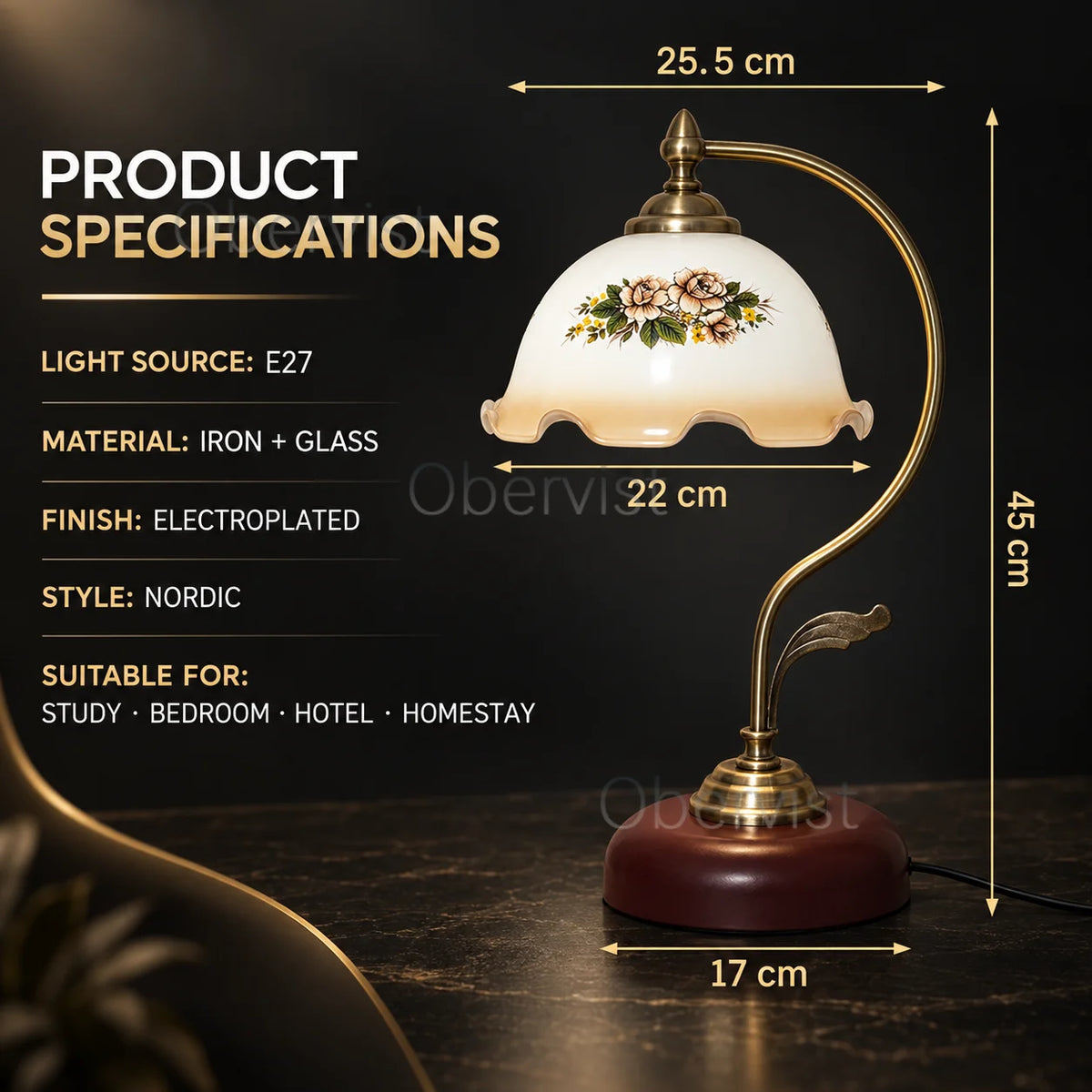 Vintage Floral Glass Table Lamp | Antique Brass Arm E27