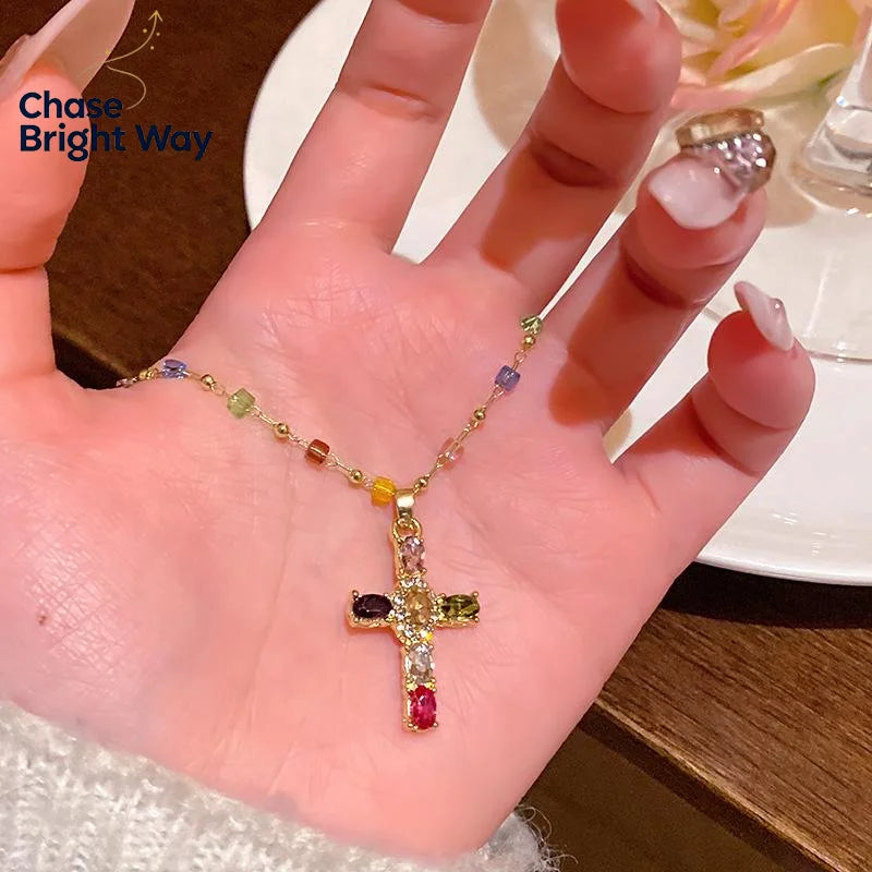 Y2K Colorful Zirconia Cross Pendant Necklace | Crystal Choker