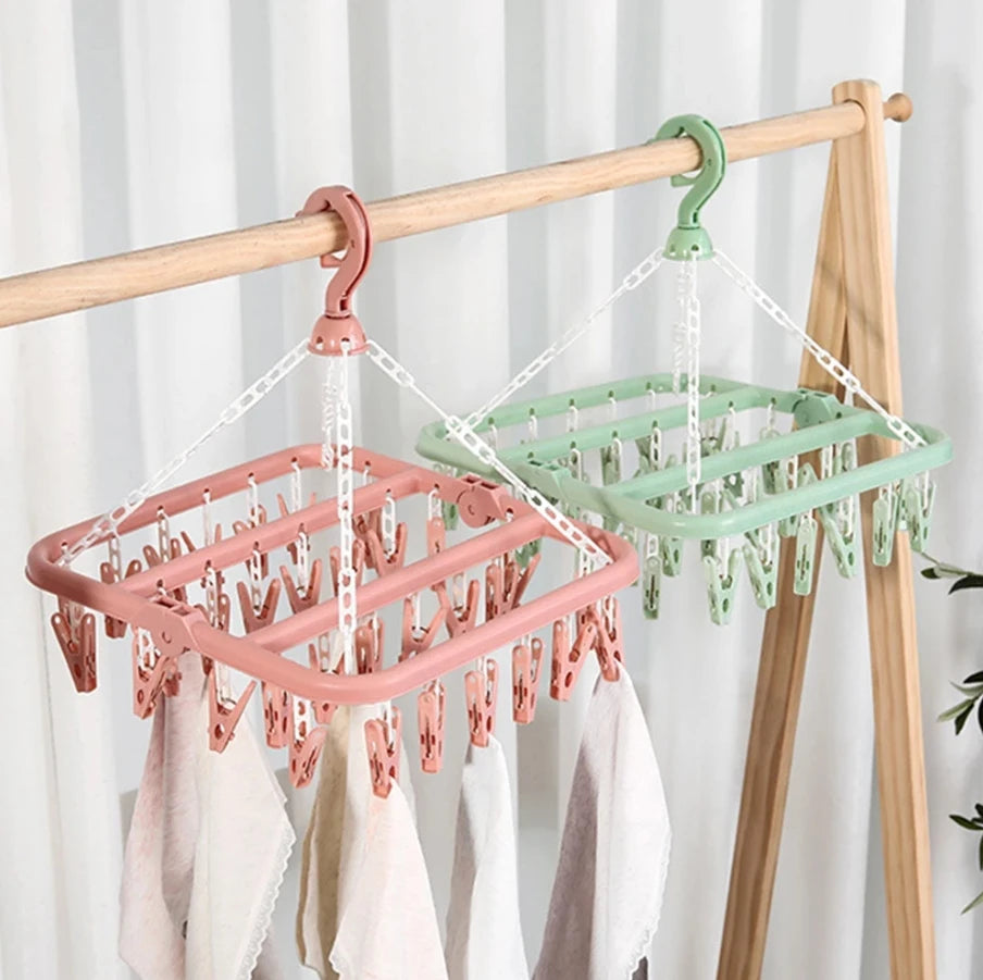 32-Clip Foldable Laundry Drying Hanger for Socks & Underwear