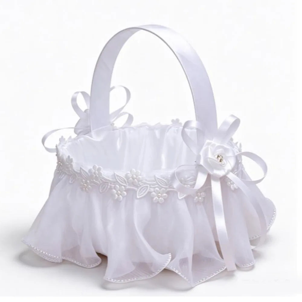 White Satin Flower Girl Basket – 4 Styles | Pearl & Lace