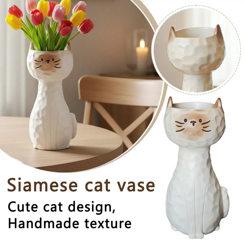 Resin Siamese Cat Vase – Cute Desktop Flower Pot Home Décor