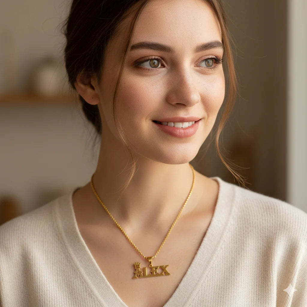 Custom Name Necklace 18K Gold Crown Pendant | Stainless Steel