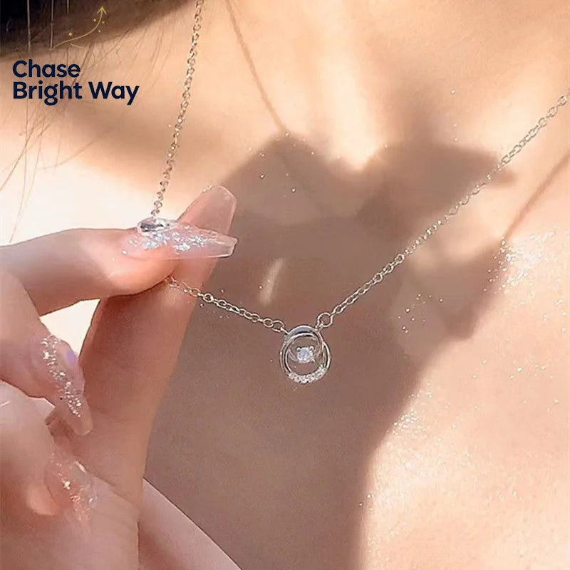 Silver Circle Zircon Pendant Necklace – Women's Clavicle Chain