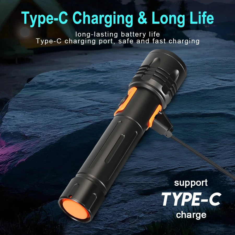 Zoomable LED Flashlight USB-C Rechargeable Aluminum Torch