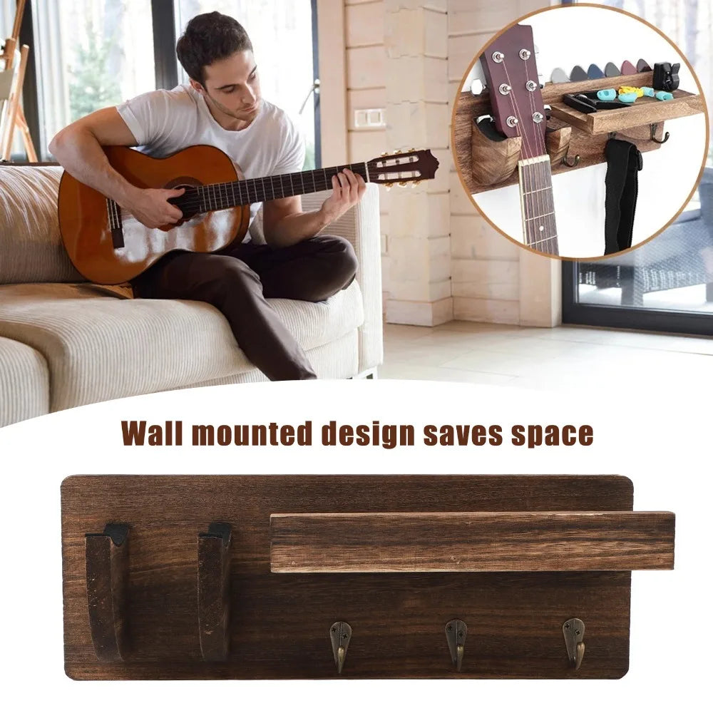 Wooden Guitar Wall Mount Hanger – Pick Holder & 3 Hooks