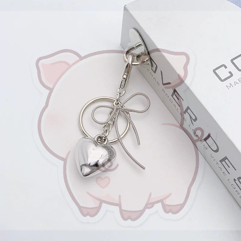 Y2K Silver Bowknot Heart Keychain – Metal Keyring & Bag Charm