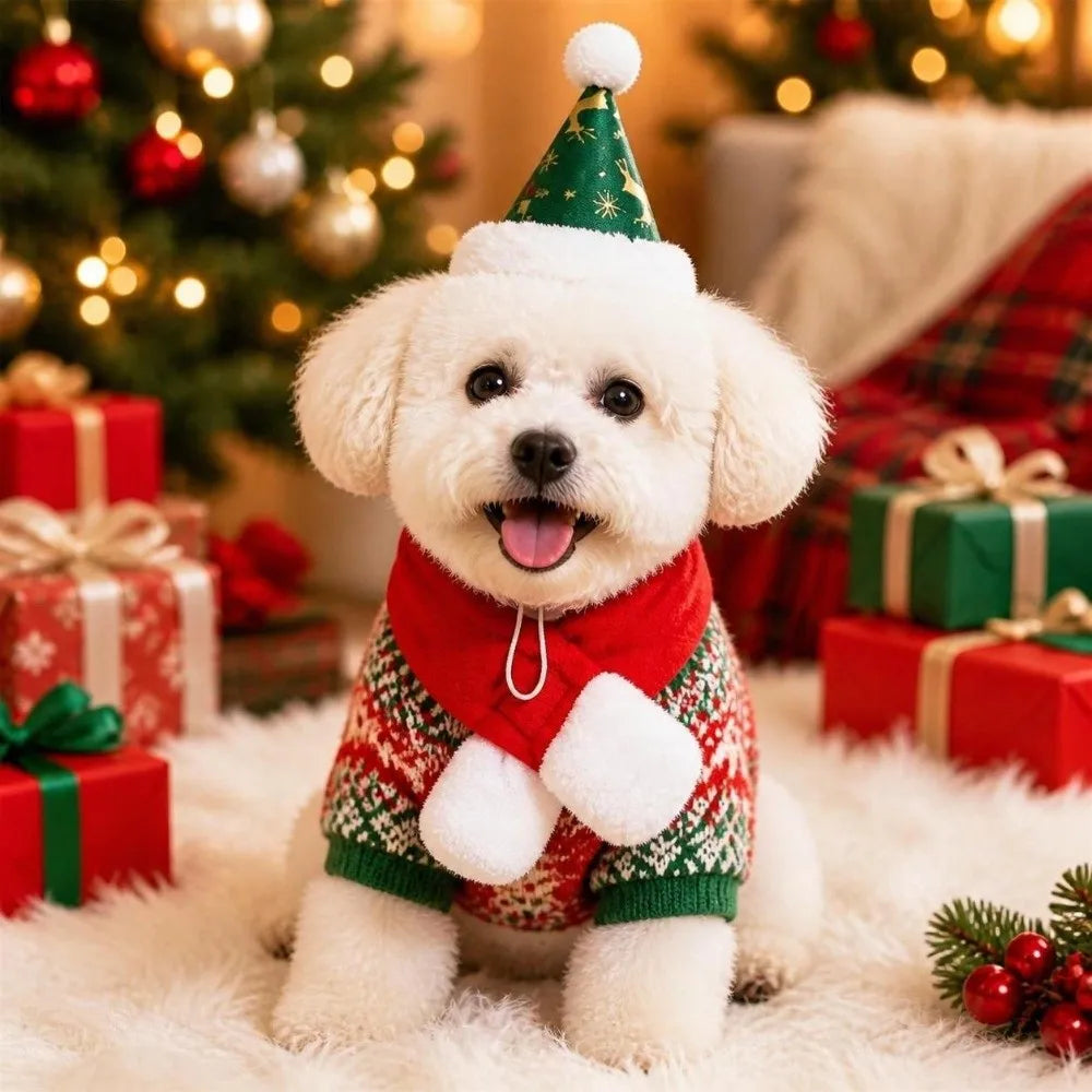 Christmas Dog & Cat Scarf Hat Set – 2-Piece Winter Pet Collar