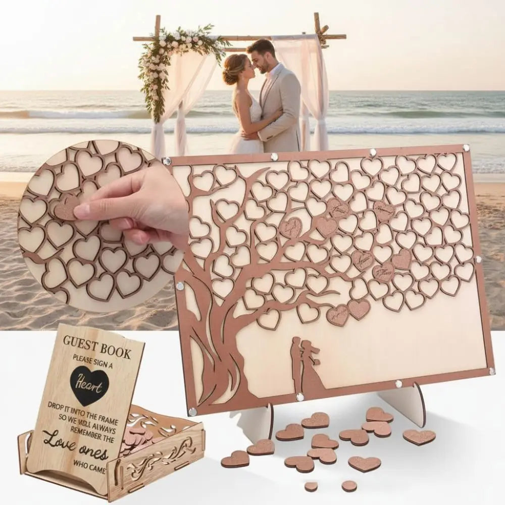 Wooden Hearts Wedding Guest Book – Tree Design Sign Set