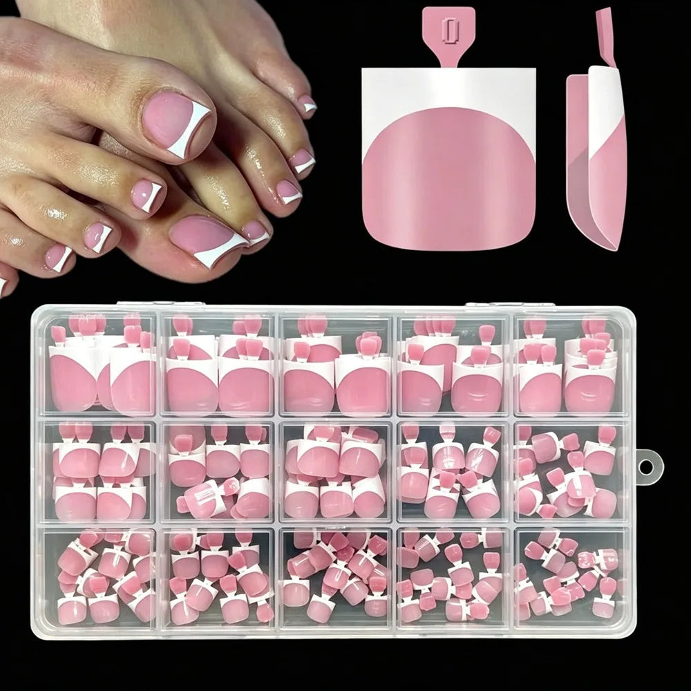 150-Piece Short Square Press-On Toenails – 15 Sizes, Nude & Pink