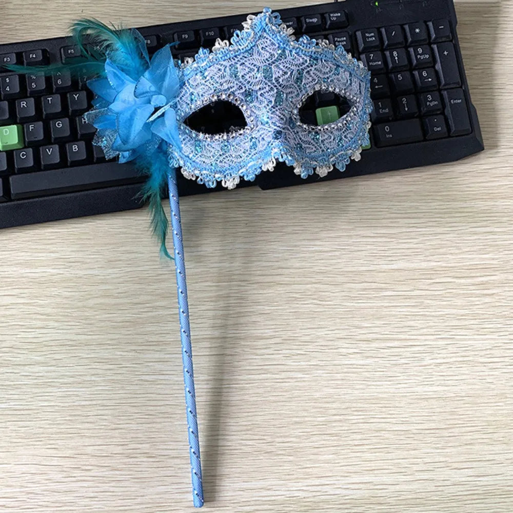 Venetian Handheld Masquerade Mask – White Lace & Feather