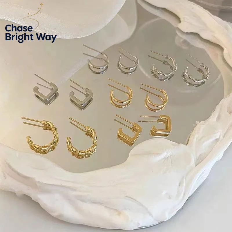 Zircon Huggie Hoop Earrings 6Pcs Set – Stackable Silver Hoops