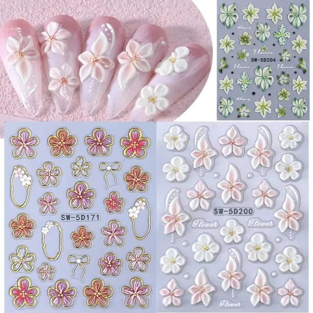 3D French Embossed Nail Stickers – White Pink Petal & Gold
