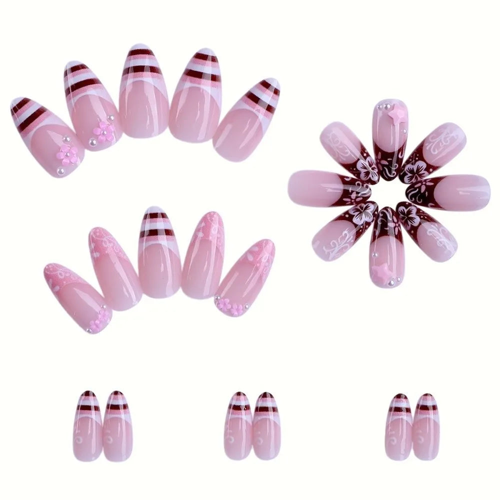 3D Floral Press-On Nails with Pearl Gel Design – 24 Pcs